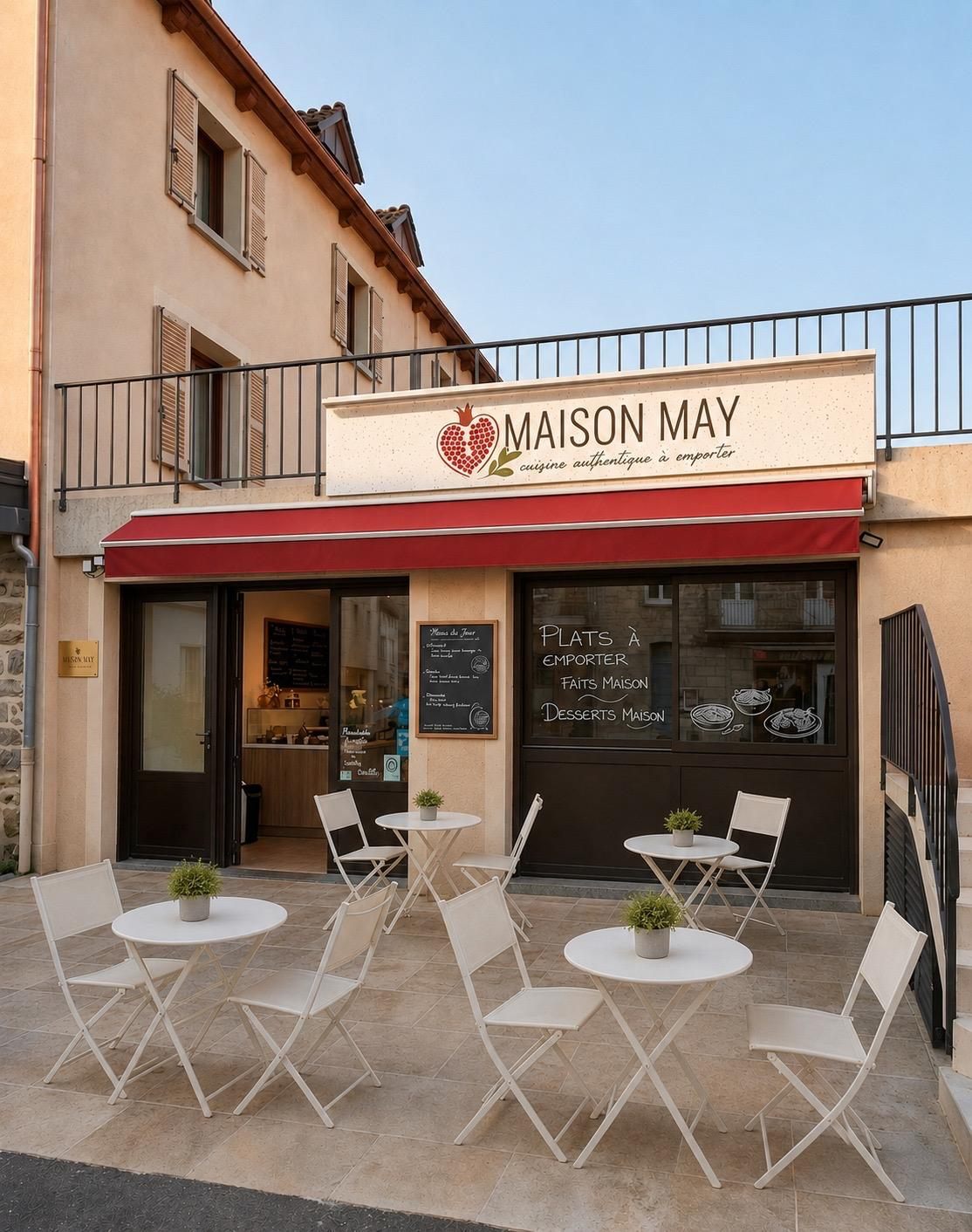 La boutique Maison May à Aumont-Aubrac : enseigne, store rouge et terrasse