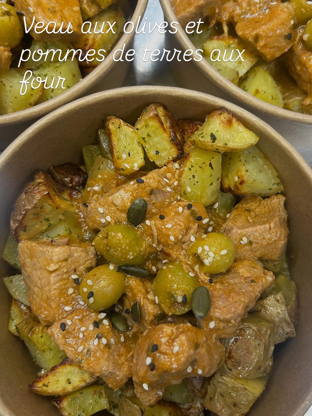 Veau aux olives et pommes de terre au four, plat du jour fait maison