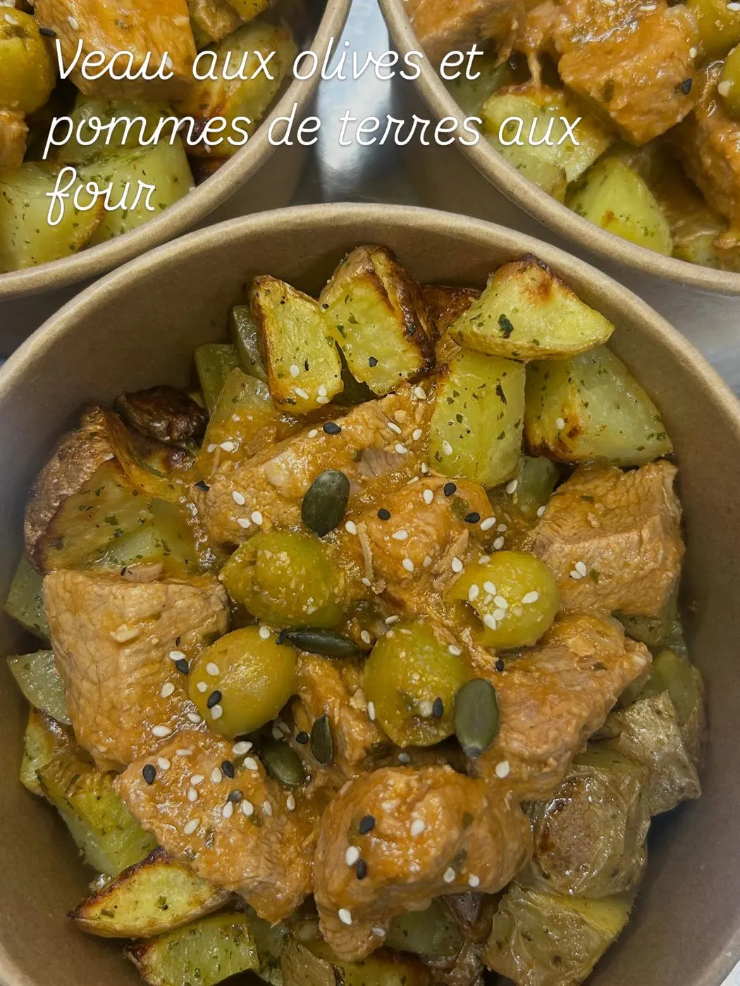 Veau aux olives et pommes de terre au four, plat du jour fait maison